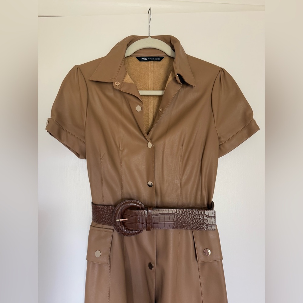 Zara leather midi dress with croc embossed belt